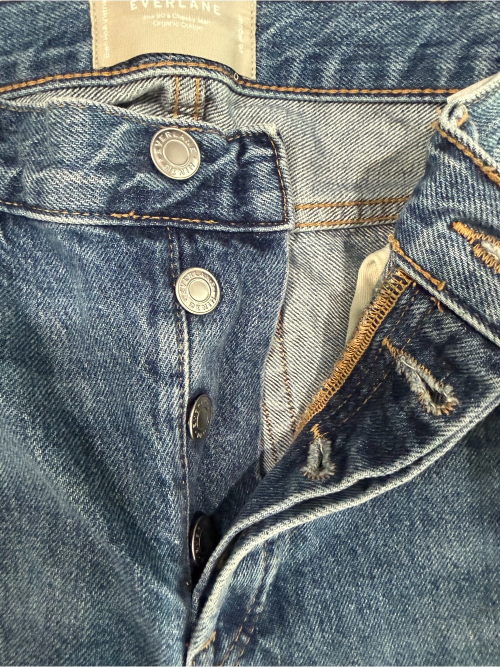 Everlane Medium Blue Button-Fly Jeans with Tan Stitching - Picture 2 of 5